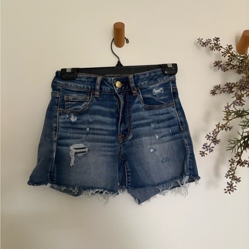 Distressed High Rise Denim Shorts 2